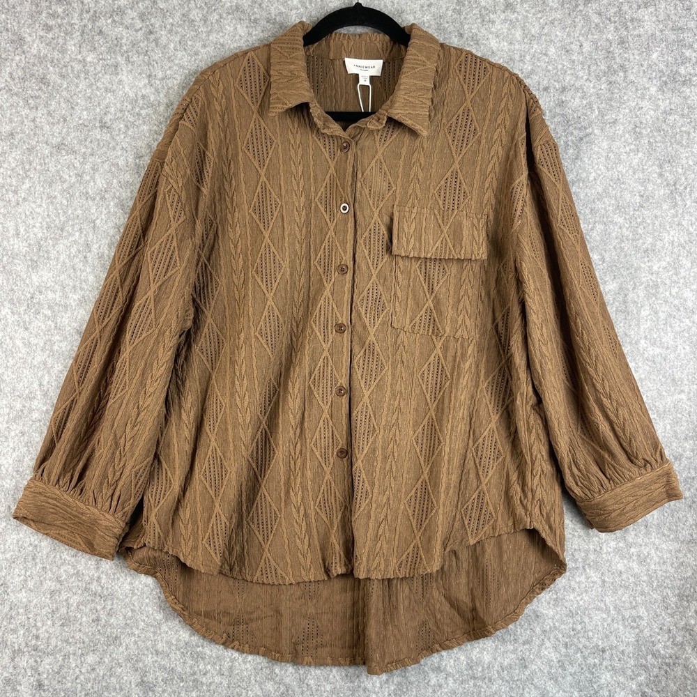 Annie Wear Top Womens Medium Brown Button Up Open Knit Textured Oversized NWT